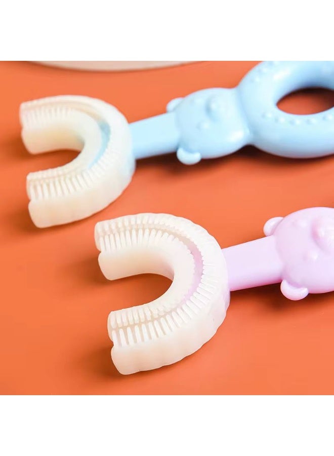 فرشاة اسنان على شكل حرف U ، شعيرات سيليكون ناعمة، صحة الفم 360 درجة، فرشاة اسنان للاطفال بعمر 2-6 سنوات، قطعة واحدة - (ازرق) - Image 3